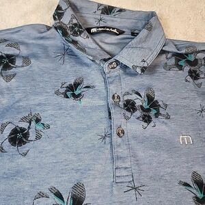 Travis Mathew Polo Shirt Mens Large Blue Black Floral Stretch Casual Golf